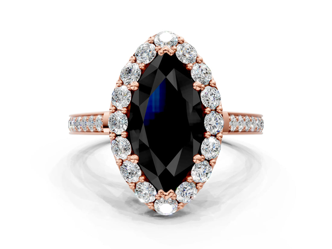 Rose gold Fancy Black Marquise Cut Diamond Floral Halo Ring with Pavé Band and Prong Setting_3