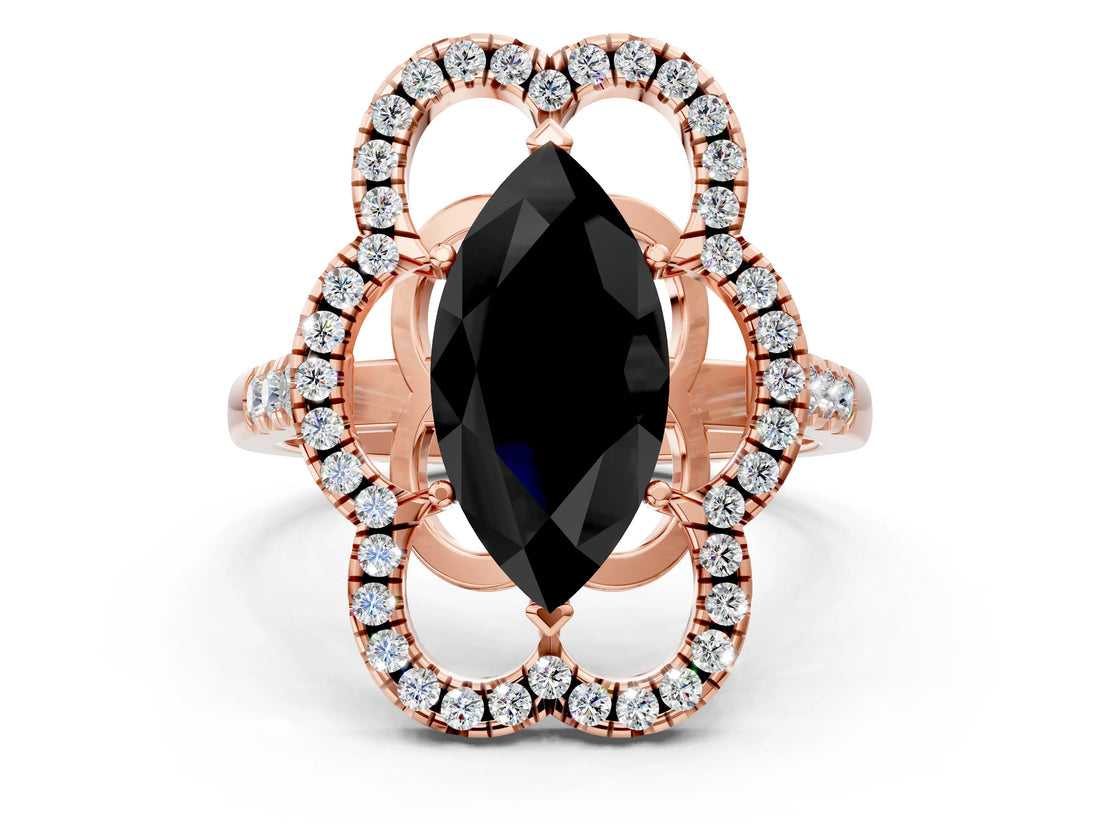 Rose gold Fancy Black Marquise Cut Diamond Floral Halo Split Shank Prong Setting Ring_12