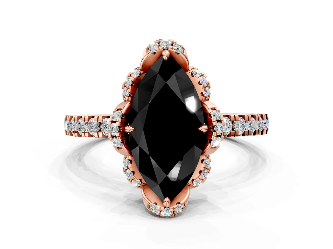 Rose gold Fancy Black Marquise Cut Diamond Halo Pave Band with Four-Prong Setting_3