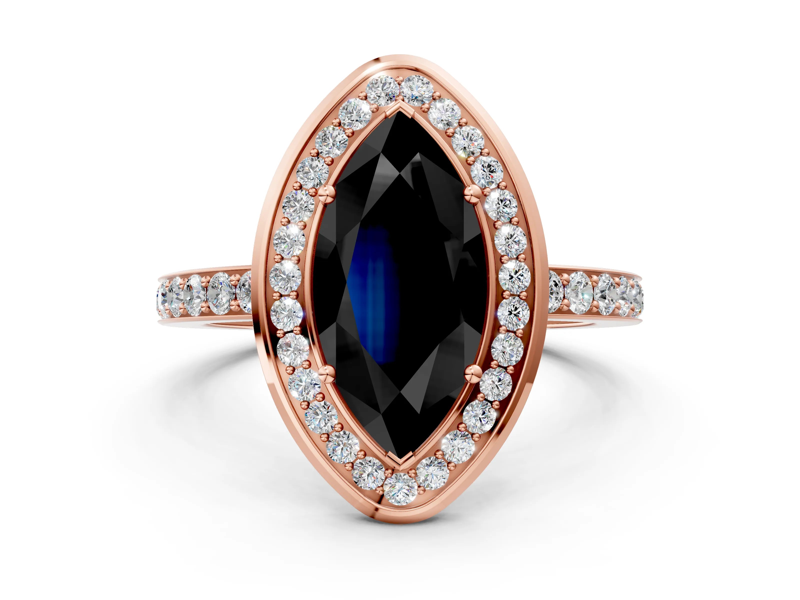Rose gold Fancy Black Marquise Cut Diamond Halo Ring with Bezel Frame and Pavé Band