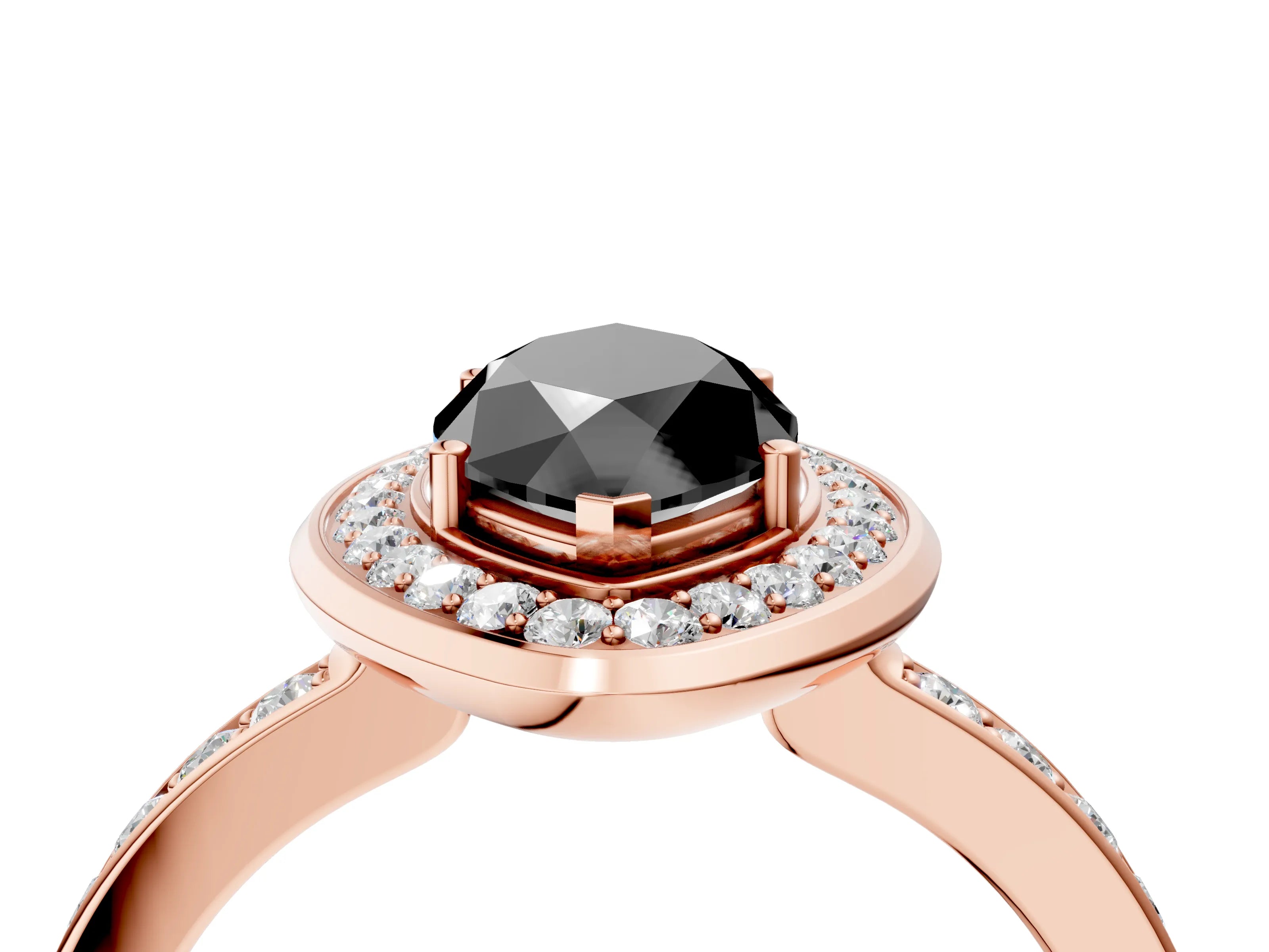 Rose gold Fancy Black Marquise Cut Diamond Halo Ring with Bezel Frame and Pavé Band_4