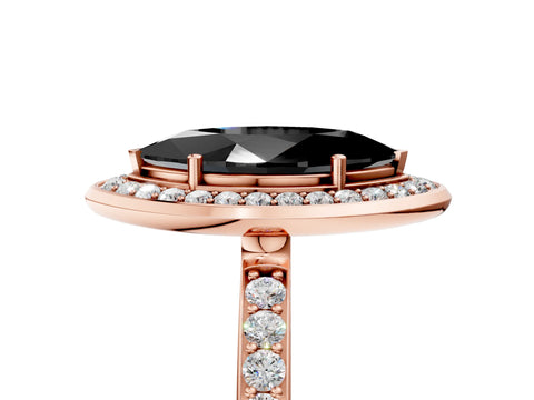 Rose gold Fancy Black Marquise Cut Diamond Halo Ring with Bezel Frame and Pavé Band_5