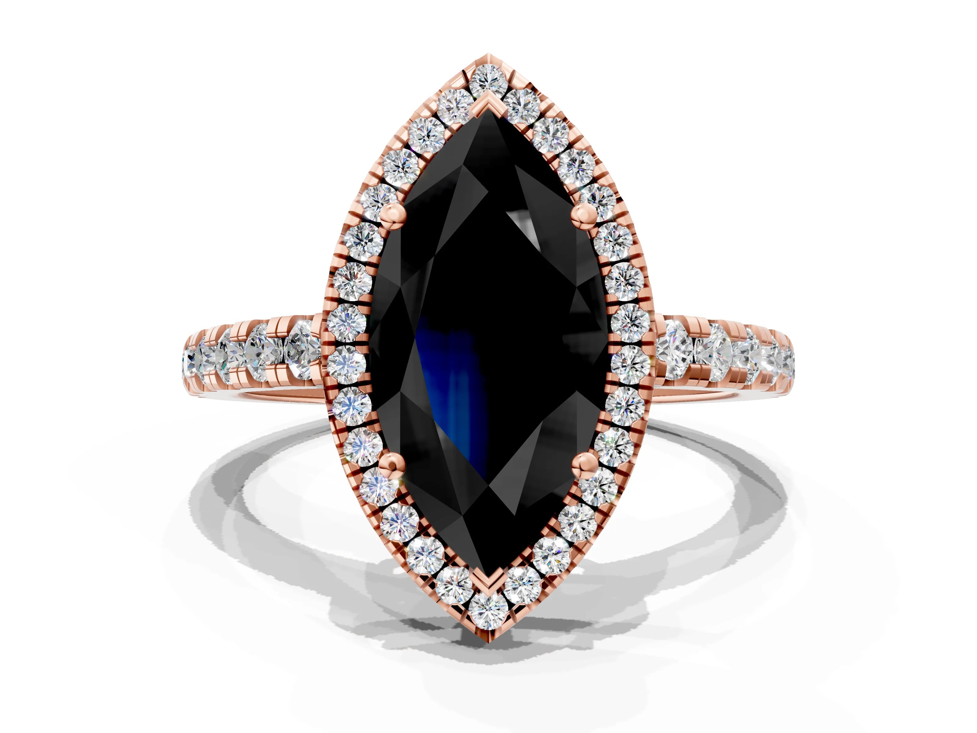 Rose gold Fancy Black Marquise Cut Diamond Halo Ring with Pavé Band and Four-Prong Setting