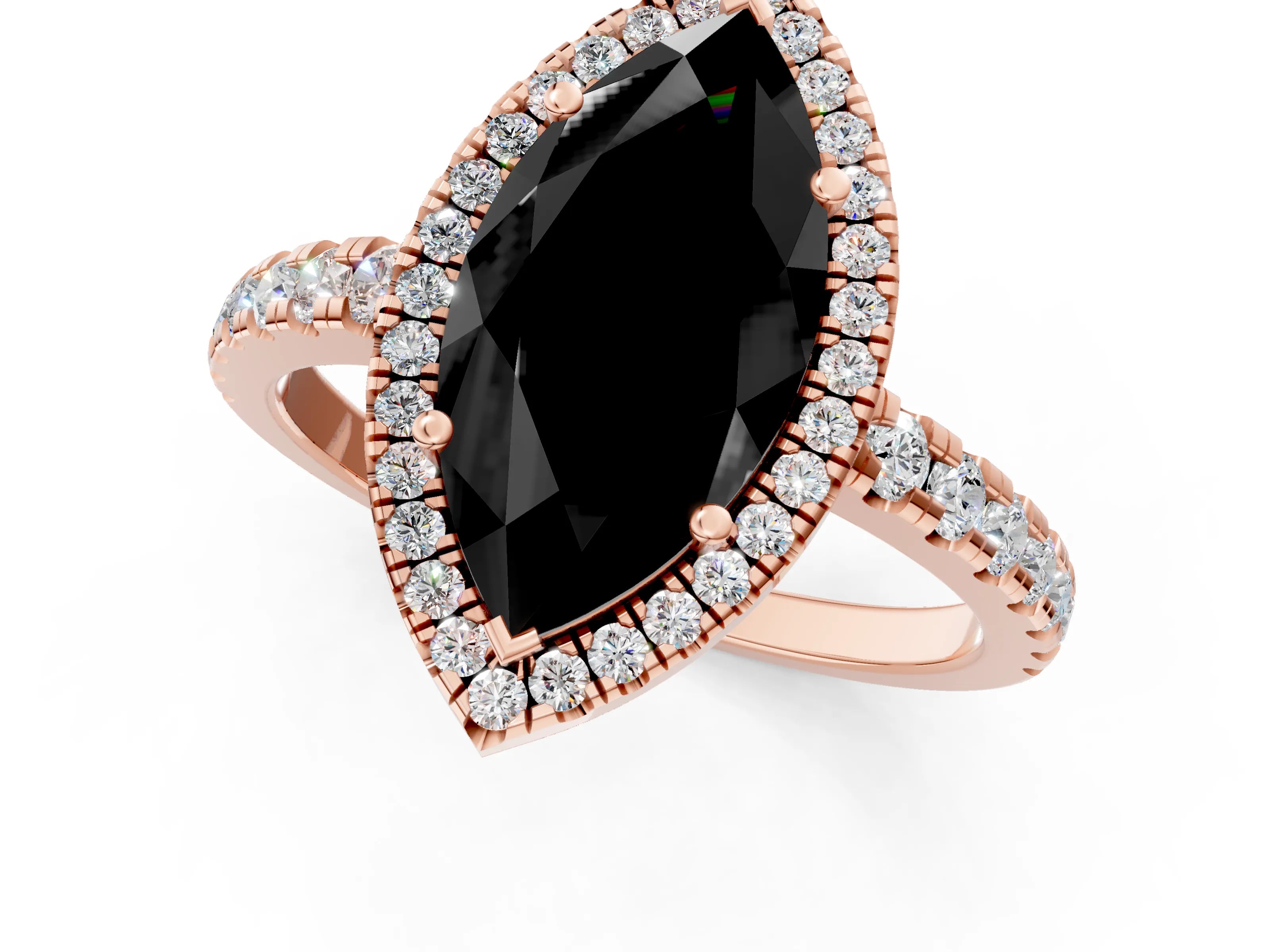Rose gold Fancy Black Marquise Cut Diamond Halo Ring with Pavé Band and Four-Prong Setting_1