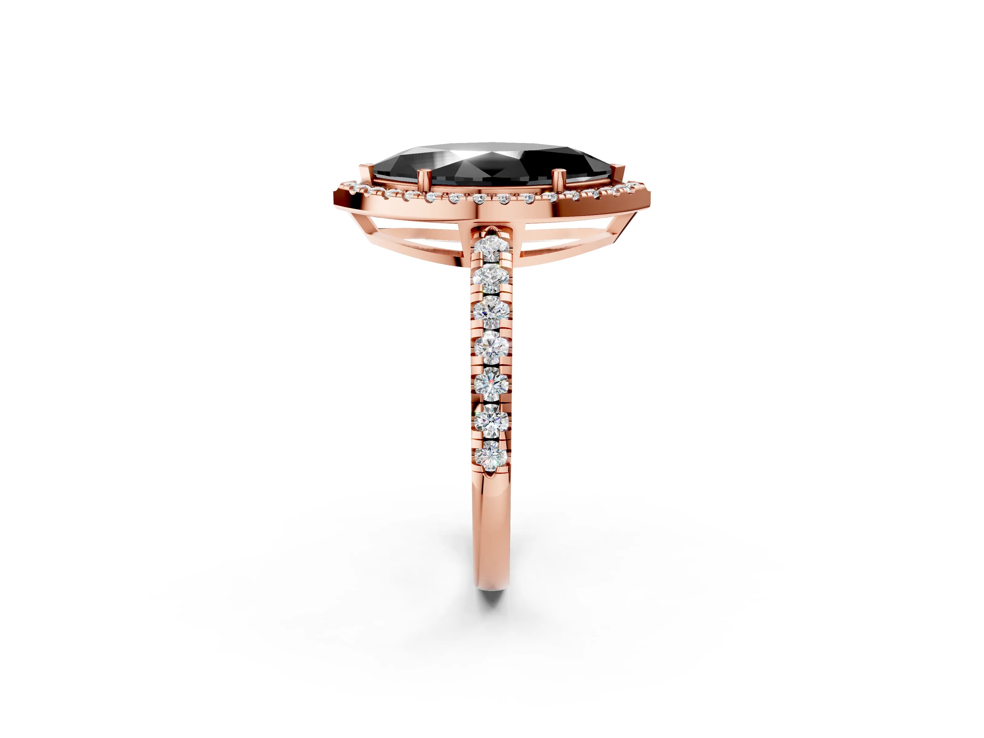 Rose gold Fancy Black Marquise Cut Diamond Halo Ring with Pavé Band and Four-Prong Setting_2