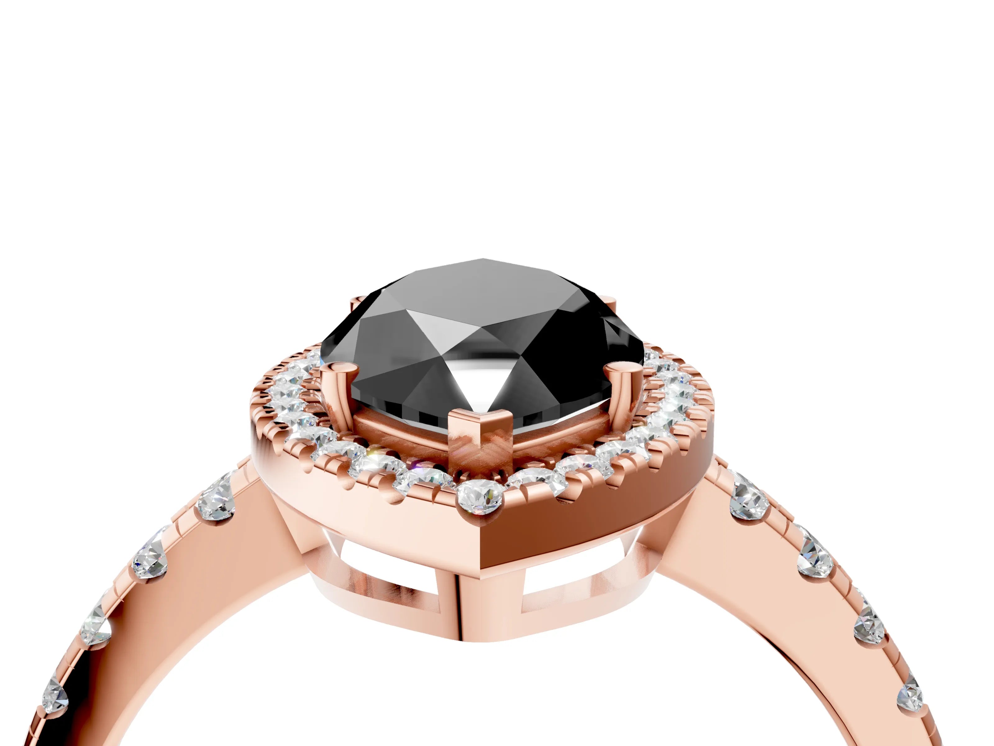 Rose gold Fancy Black Marquise Cut Diamond Halo Ring with Pavé Band and Four-Prong Setting_4