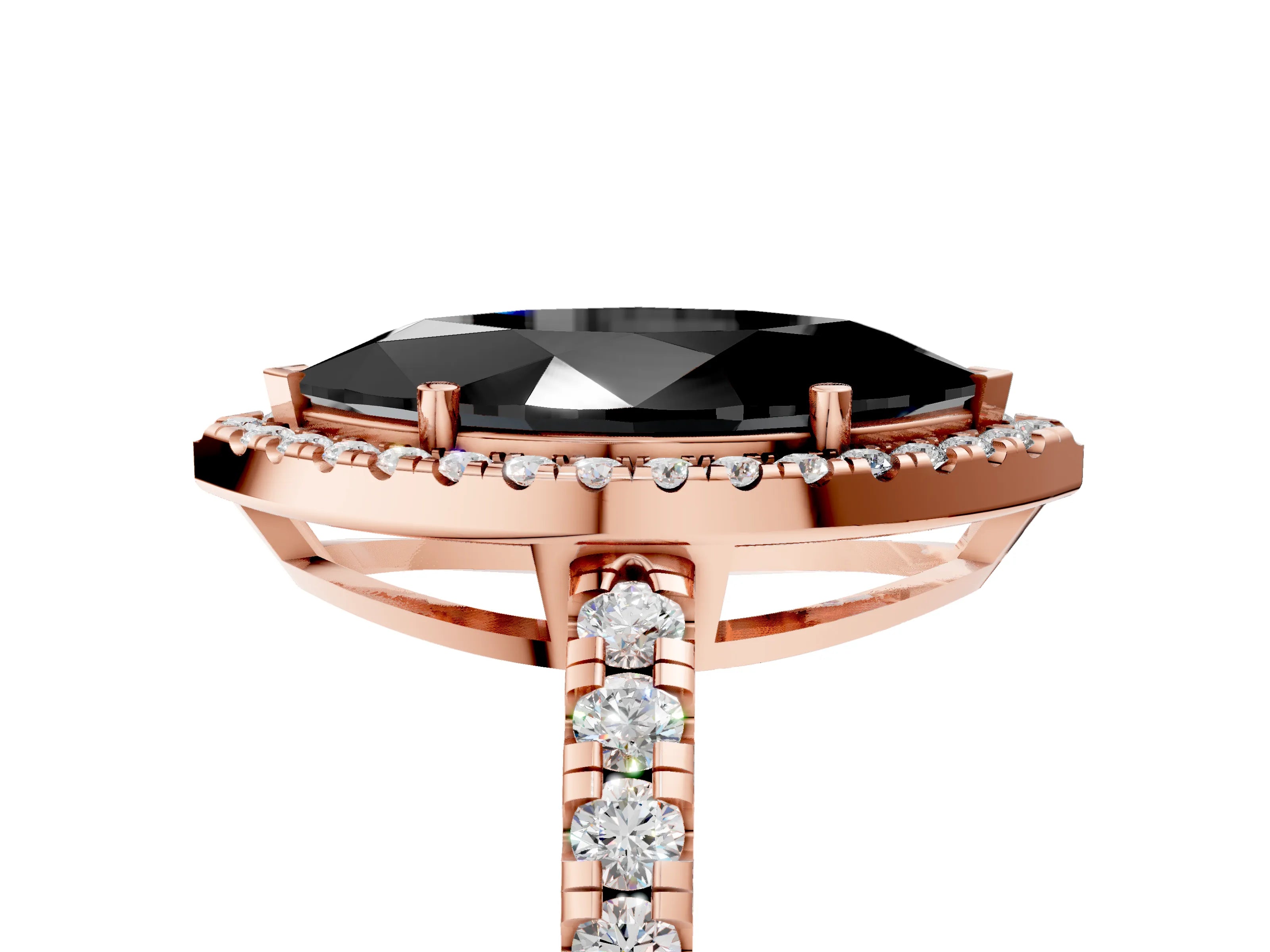 Rose gold Fancy Black Marquise Cut Diamond Halo Ring with Pavé Band and Four-Prong Setting_5