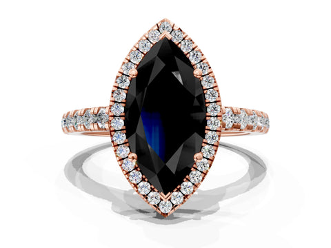Rose gold Fancy Black Marquise Cut Diamond Halo Ring with Pavé Band and Four-Prong Setting