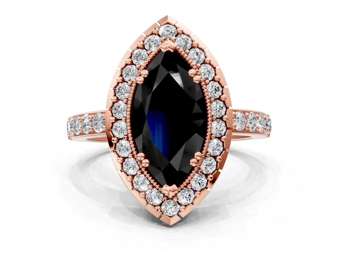 Rose gold Fancy Black Marquise Cut Diamond Halo Ring with Pavé Band and Prong Setting