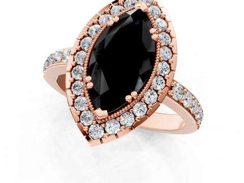 Rose gold Fancy Black Marquise Cut Diamond Halo Ring with Pavé Band and Prong Setting_1