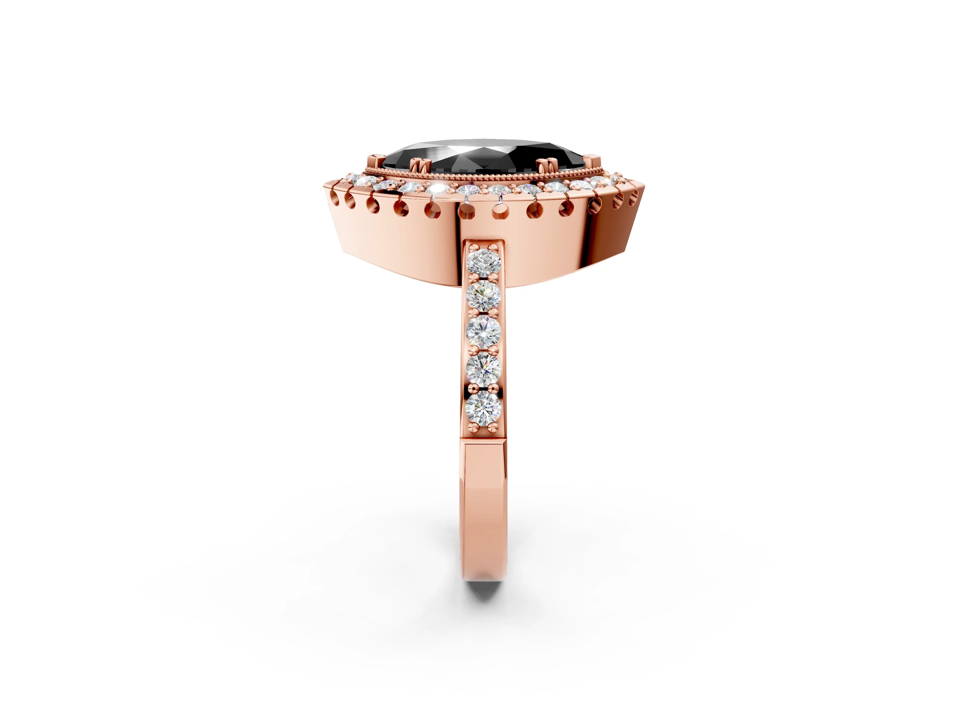 Rose gold Fancy Black Marquise Cut Diamond Halo Ring with Pavé Band and Prong Setting_2
