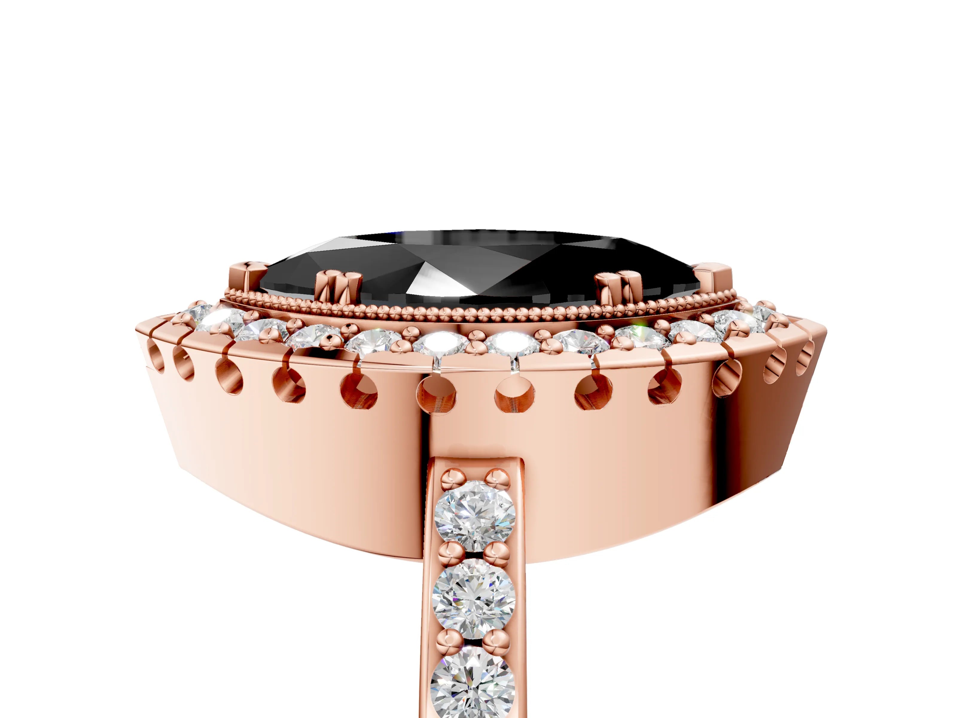 Rose gold Fancy Black Marquise Cut Diamond Halo Ring with Pavé Band and Prong Setting_5