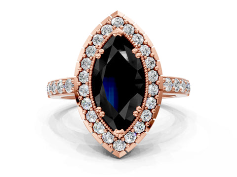 Rose gold Fancy Black Marquise Cut Diamond Halo Ring with Pavé Band and Prong Setting