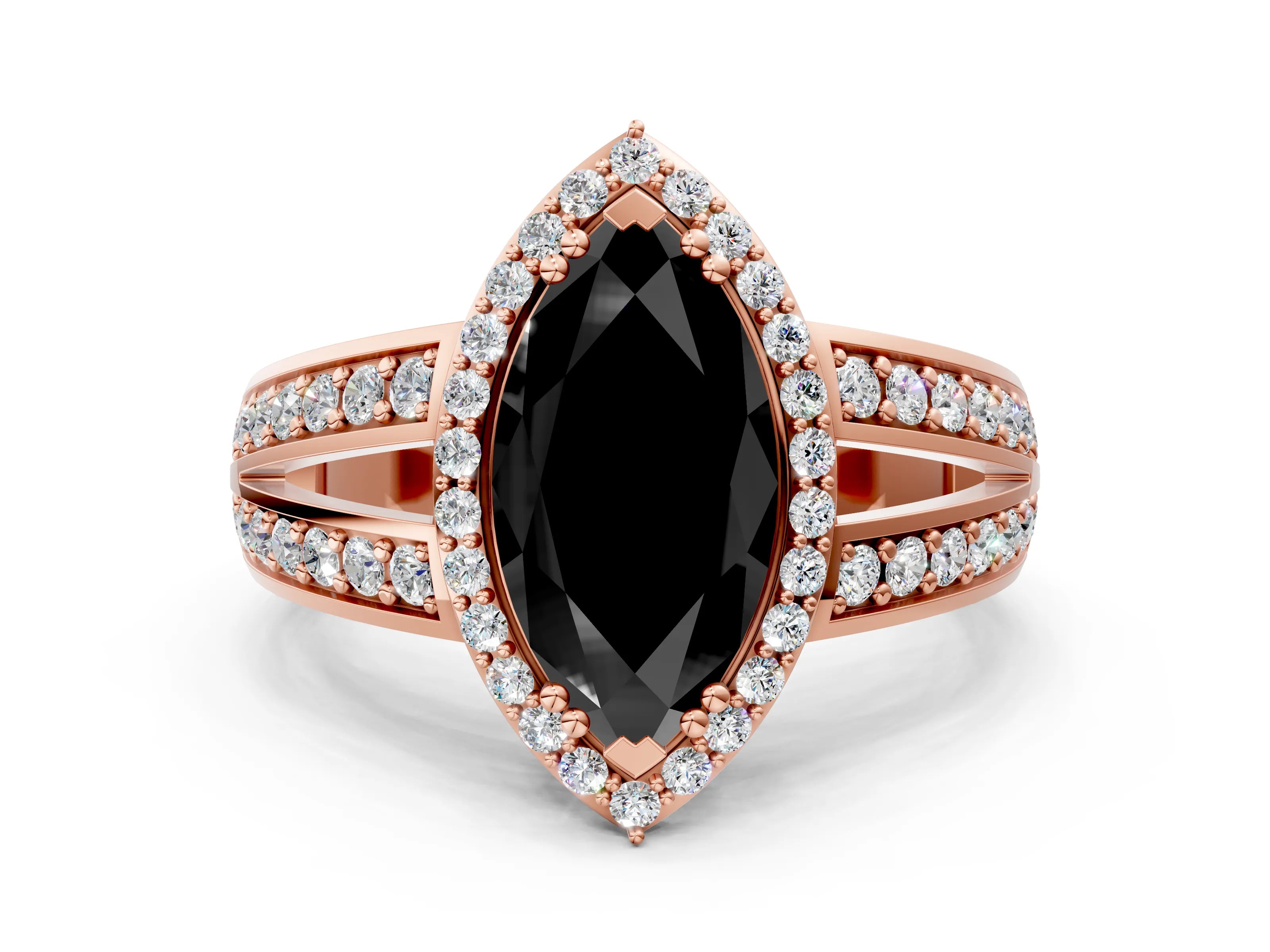 Rose gold Fancy Black Marquise Cut Diamond Halo Ring with Split Shank Pavé Band and Four-Prong Setting