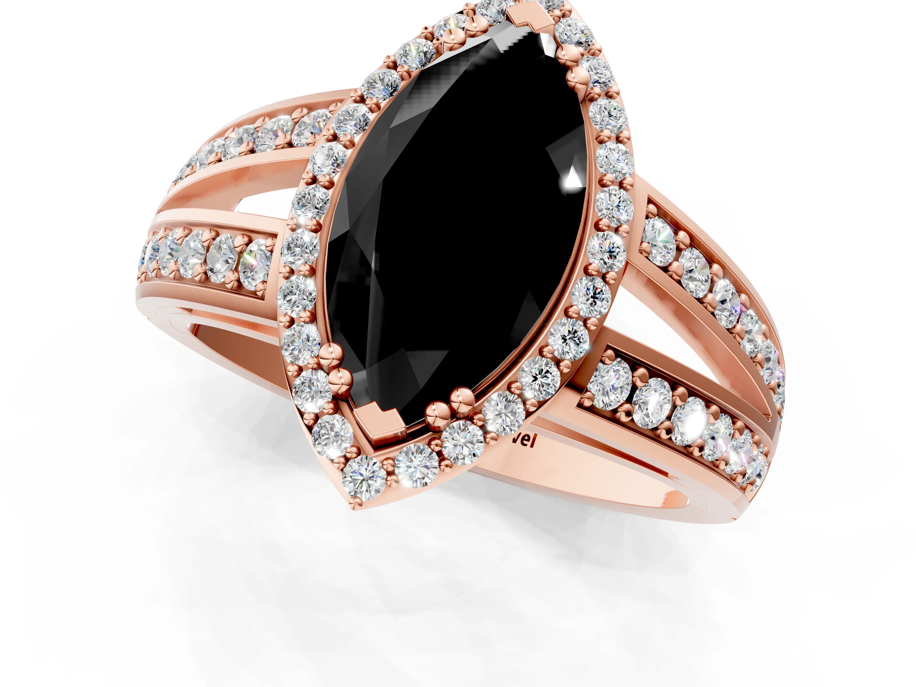 Rose gold Fancy Black Marquise Cut Diamond Halo Ring with Split Shank Pavé Band and Four-Prong Setting_1