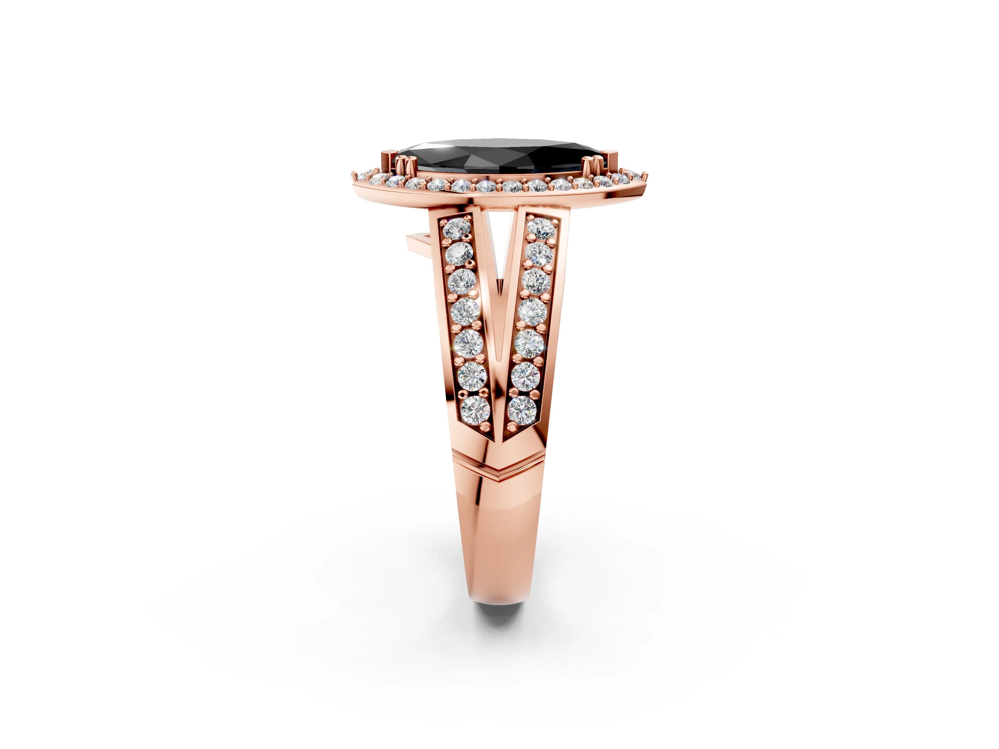 Rose gold Fancy Black Marquise Cut Diamond Halo Ring with Split Shank Pavé Band and Four-Prong Setting_2