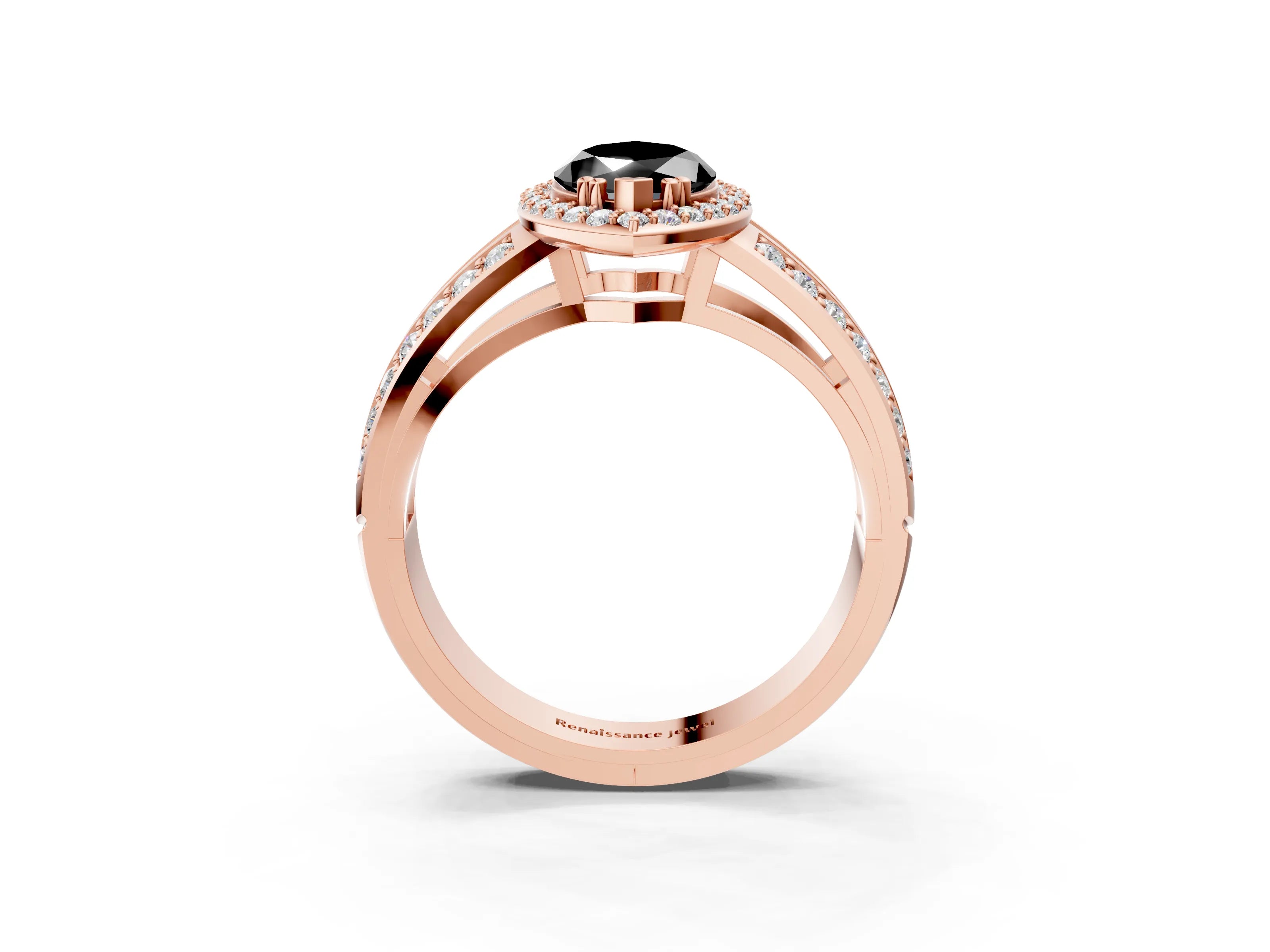 Rose gold Fancy Black Marquise Cut Diamond Halo Ring with Split Shank Pavé Band and Four-Prong Setting_3