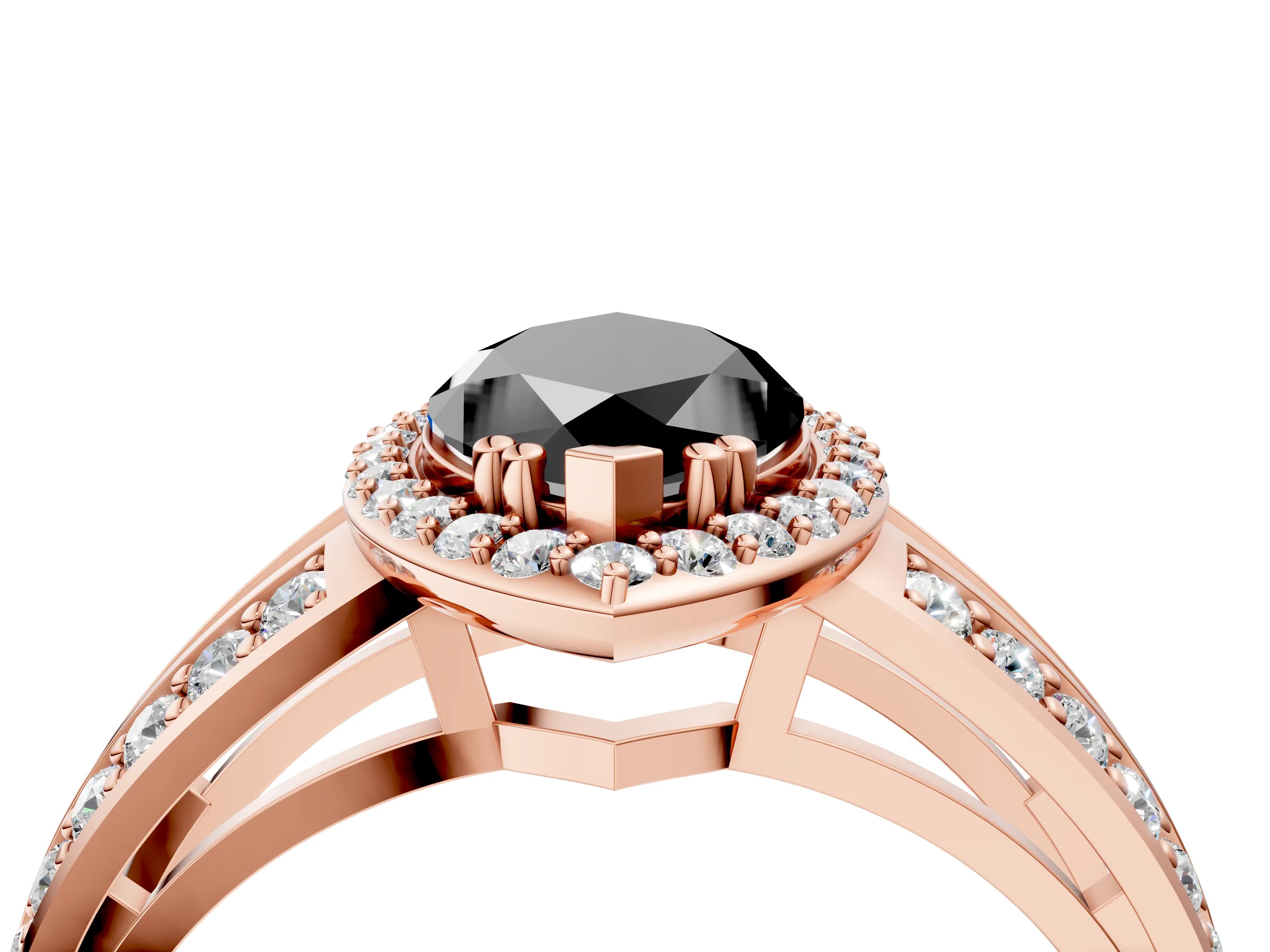 Rose gold Fancy Black Marquise Cut Diamond Halo Ring with Split Shank Pavé Band and Four-Prong Setting_4