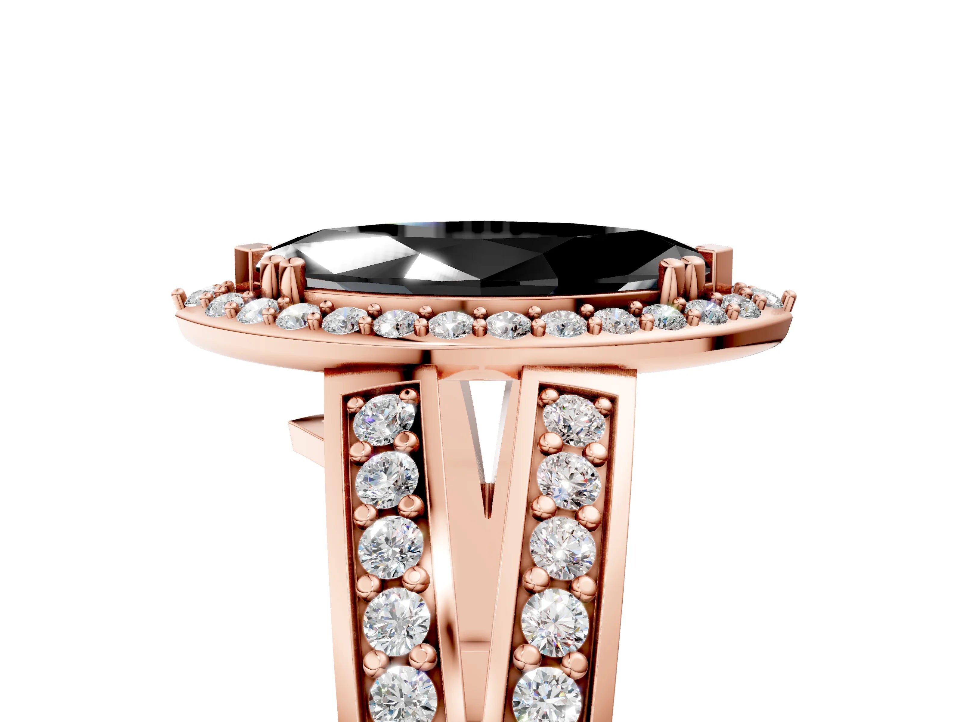 Rose gold Fancy Black Marquise Cut Diamond Halo Ring with Split Shank Pavé Band and Four-Prong Setting_5