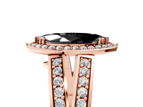 Rose gold Fancy Black Marquise Cut Diamond Halo Ring with Split Shank Pavé Band and Four-Prong Setting_5