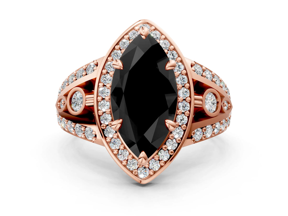 Rose gold Fancy Black Marquise Cut Diamond Halo Ring with Split Shank and Bezel Accents and Four-Prong Setting