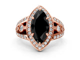 Rose gold Fancy Black Marquise Cut Diamond Halo Ring with Split Shank and Bezel Accents and Four-Prong Setting