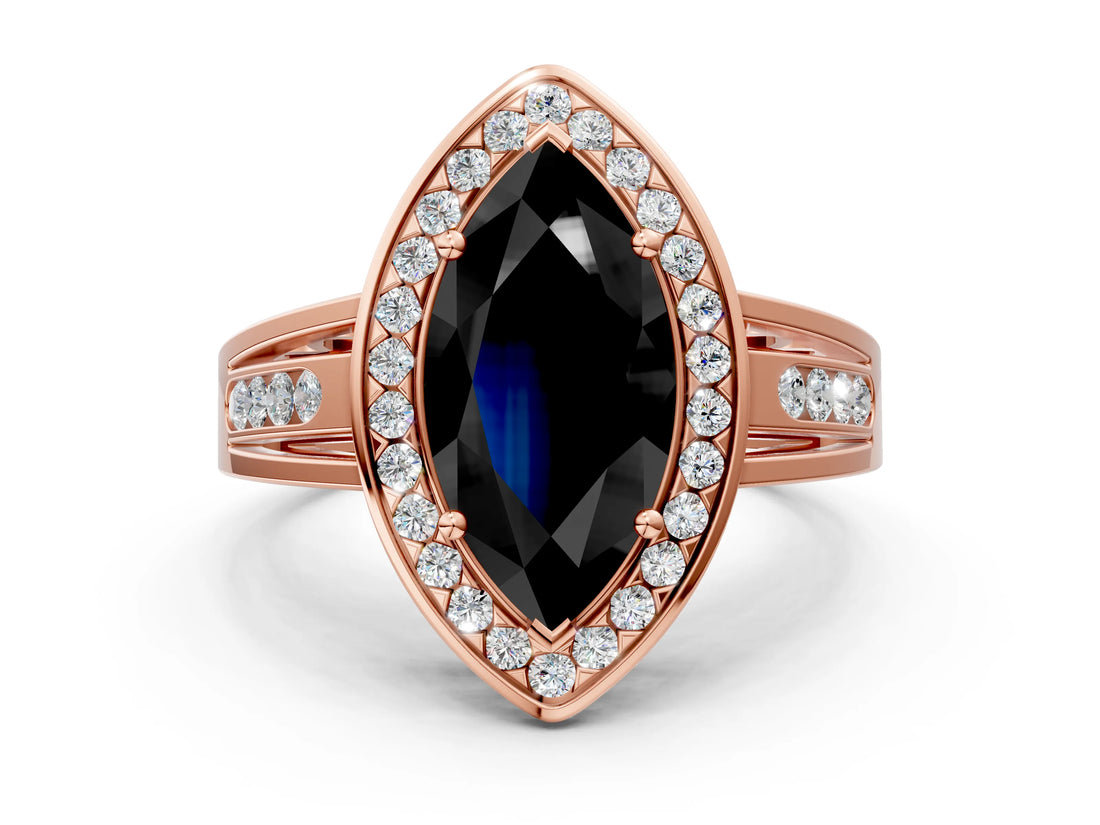 Rose gold Fancy Black Marquise Cut Diamond Halo Ring with Split Shank and Bezel Accents and Prong Setting
