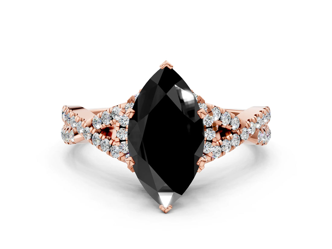 Rose gold Fancy Black Marquise Cut Diamond Halo Twist Band Solitaire Prong Setting Ring