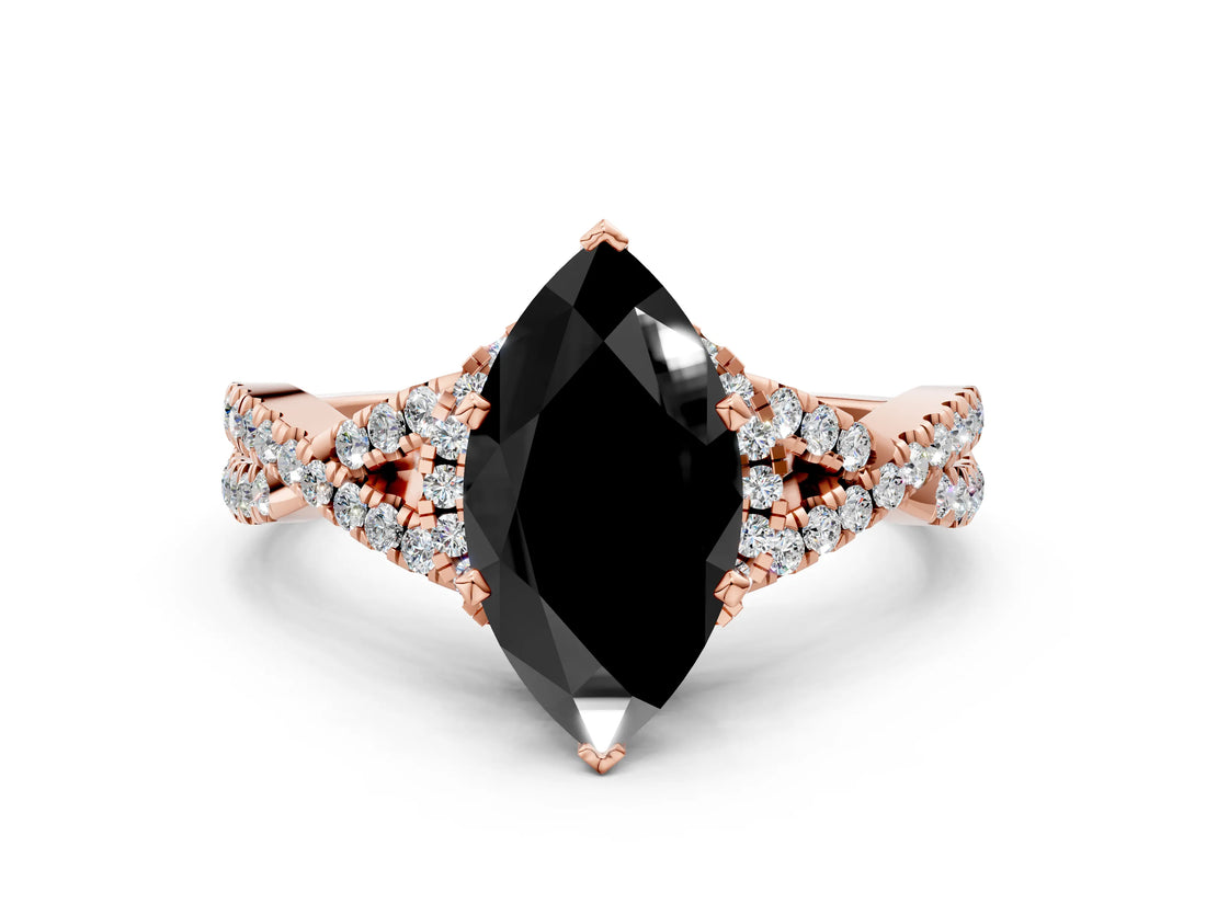Rose gold Fancy Black Marquise Cut Diamond  Halo Twist Band Solitaire Prong Setting Ring_48