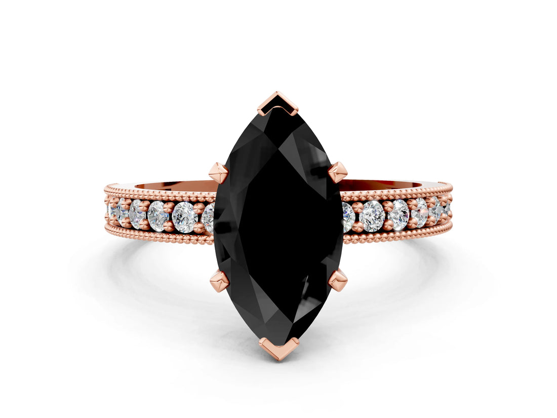 Rose gold Fancy Black Marquise Cut Diamond Milgrain Pavé Engagement Ring with Four-Prong Setting