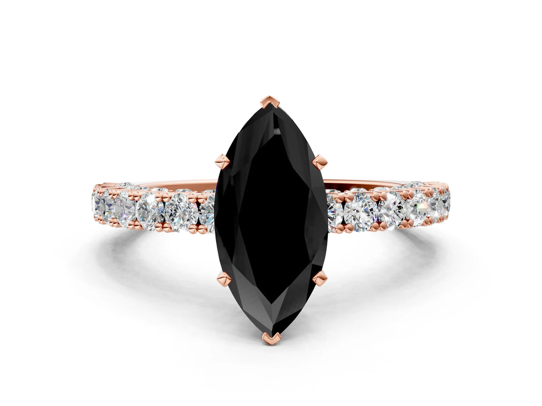 Rose gold Fancy Black Marquise Cut Diamond Pavé Band Solitaire Ring with Prong Setting_12