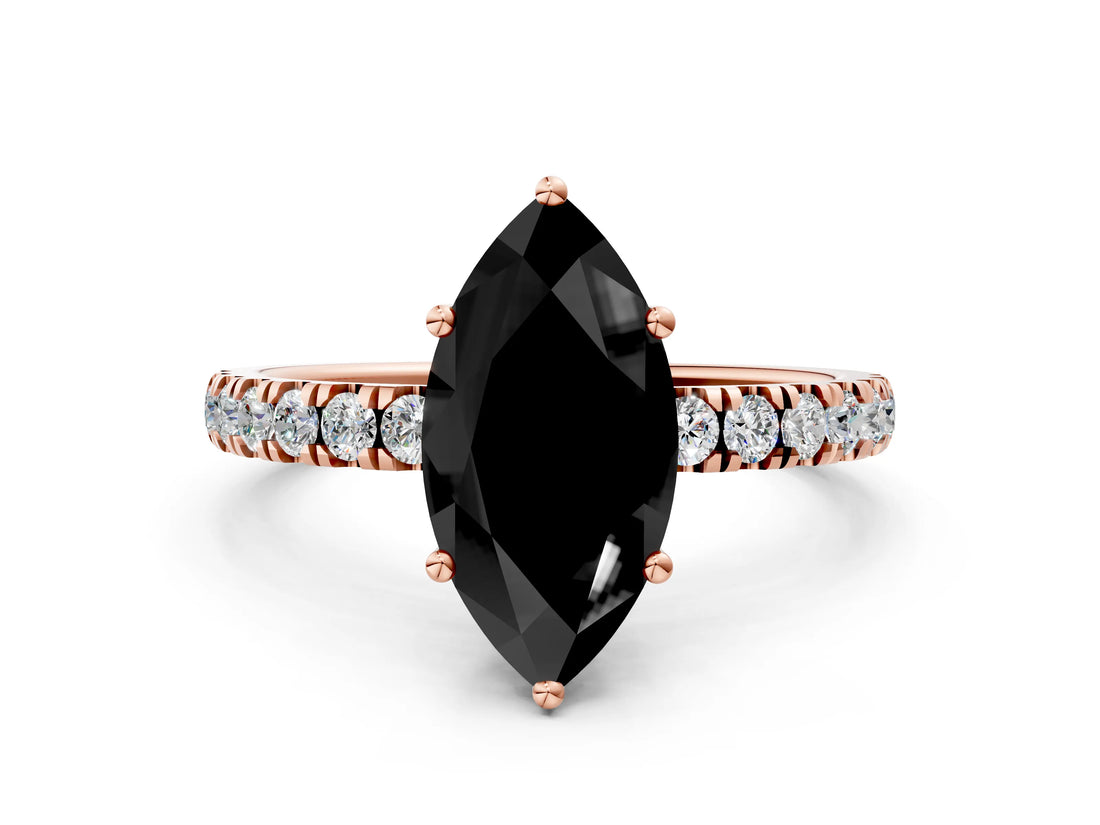 Rose gold Fancy Black Marquise Cut Diamond Pave Band Solitaire Ring with Four-Prong Setting_12