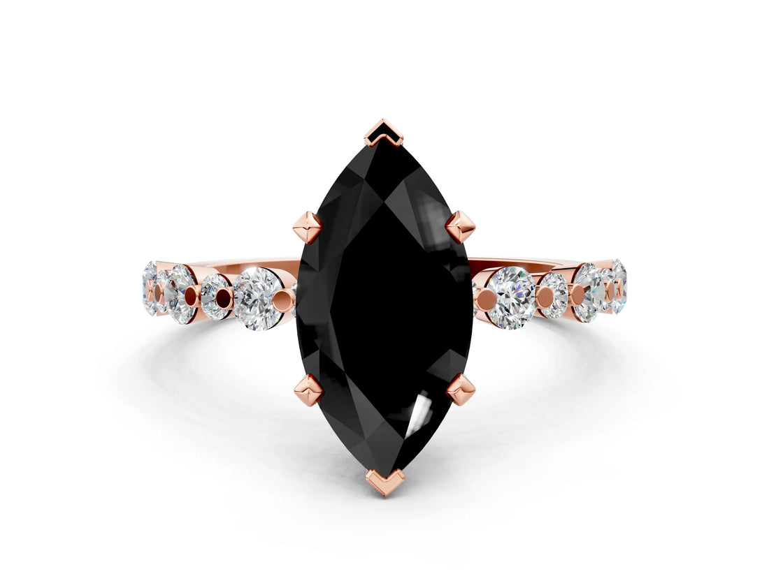 Rose gold Fancy Black Marquise Cut Diamond Prong Set Engagement Ring with Pave Band