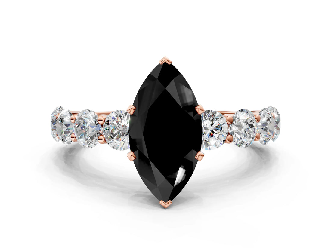 Rose gold Fancy Black Marquise Cut Diamond Prong Setting with Side Stones on a Pave Band