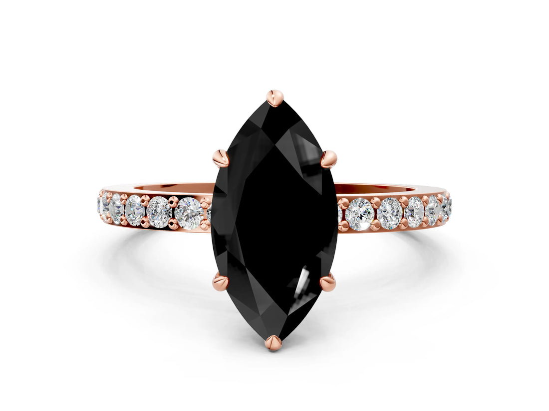 Rose gold Fancy Black Marquise Cut Diamond Ring with Pavé Band and Four-Prong Setting