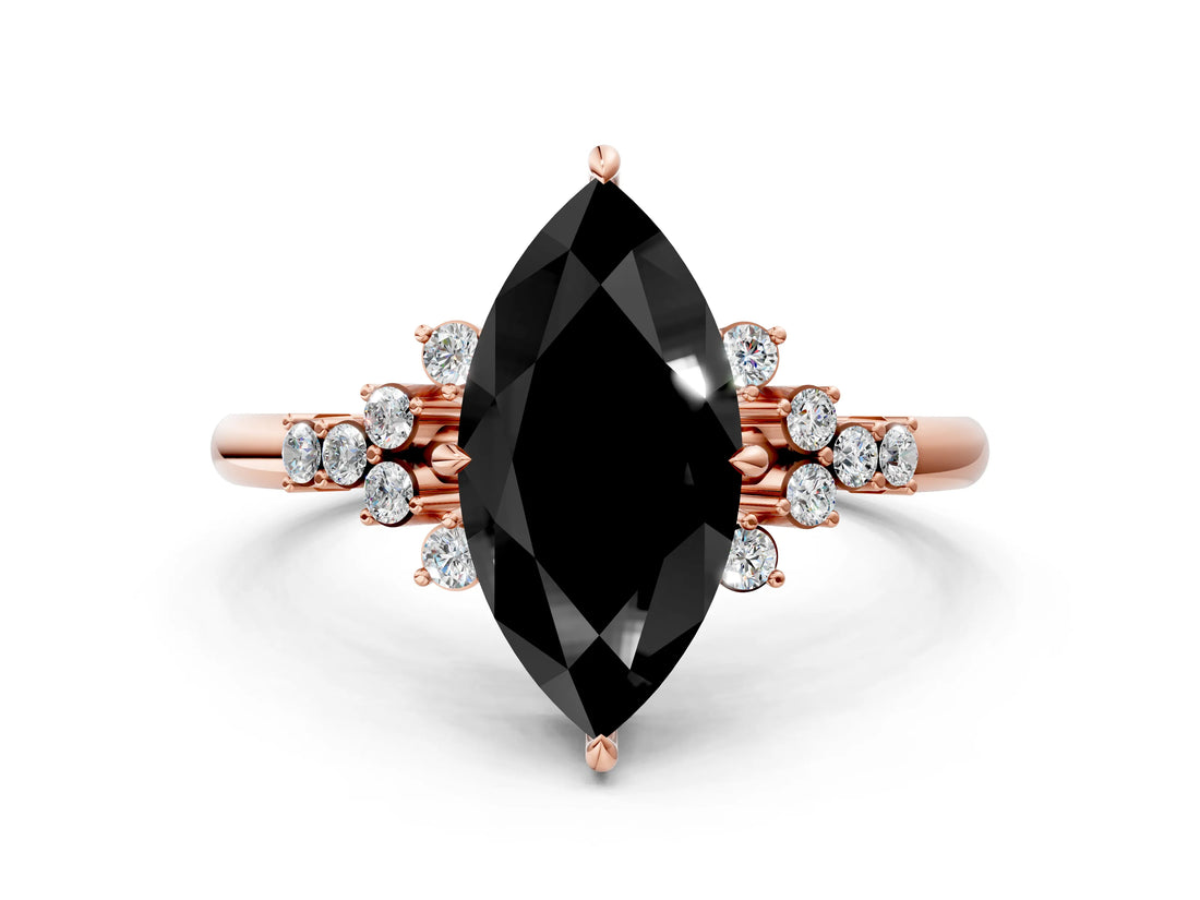 Rose gold Fancy Black Marquise Cut Diamond Ring with Side Stones and Four-Prong Setting_36