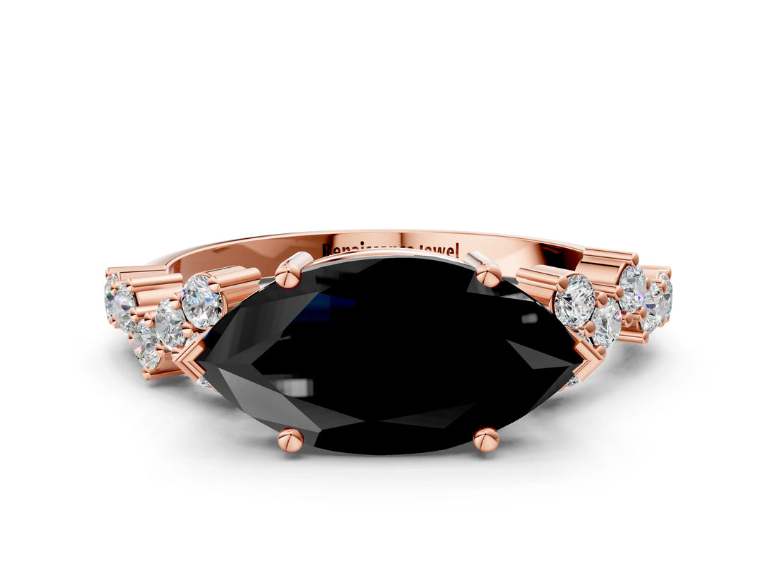 Rose gold Fancy Black Marquise Cut Diamond Scattered Round Accent Ring with Prong Setting_12