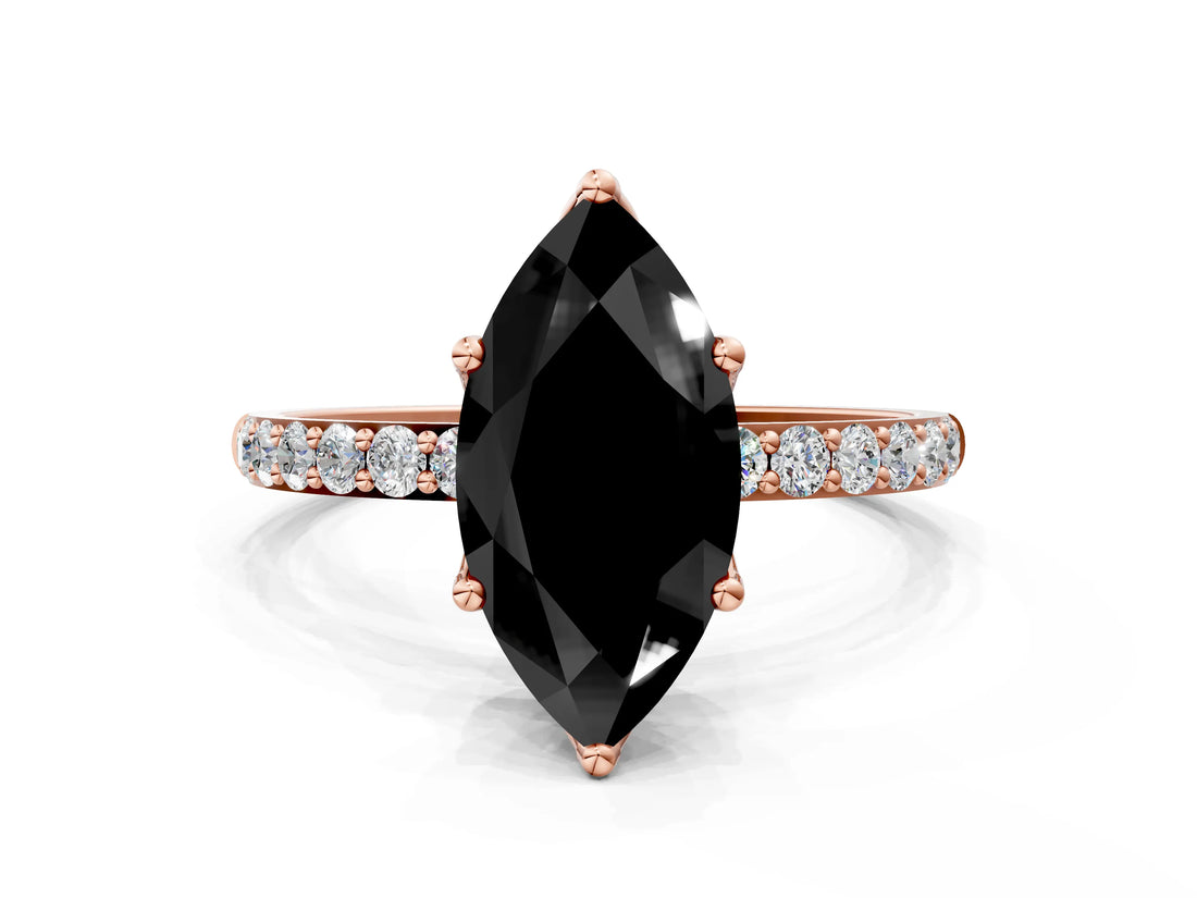 Rose gold Fancy Black Marquise Cut Diamond Solitaire Engagement Ring with Pavé Band and Prong Setting