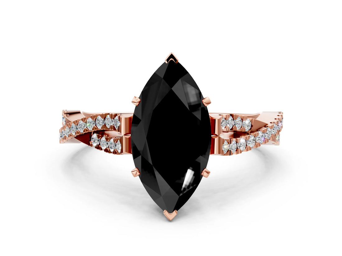 Rose gold Fancy Black Marquise Cut Diamond Solitaire Engagement Ring with Twisted Pavé Band and Four-Prong Setting_36