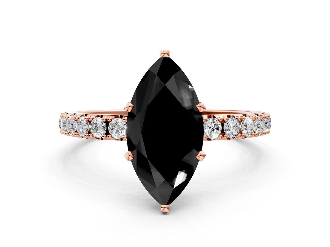 Rose gold Fancy Black Marquise Cut Diamond Solitaire Pavé Band with Four-Prong Setting