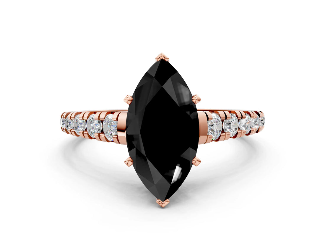 Rose gold Fancy Black Marquise Cut Diamond Solitaire Ring with Cathedral Setting and Pavé Band