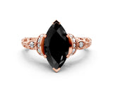Rose gold Fancy Black Marquise Cut Diamond Solitaire Ring with Filigree Band and Four-Prong Setting