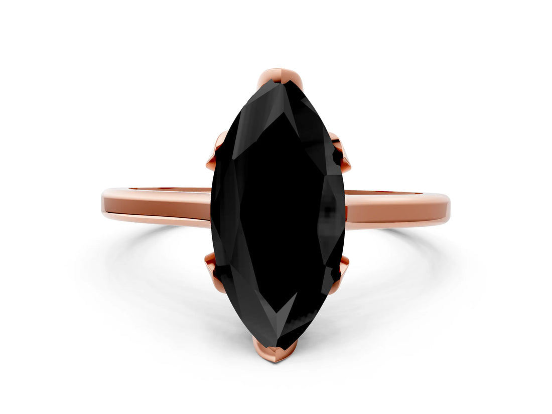 Rose gold Fancy Black Marquise Cut Diamond Solitaire Ring with Flower Prong Setting and Classic Band_12