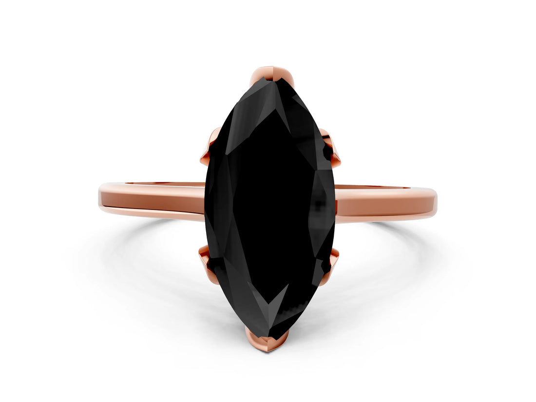 Rose gold Fancy Black Marquise Cut Diamond Solitaire Ring with Flower Prong Setting and Classic Band_24