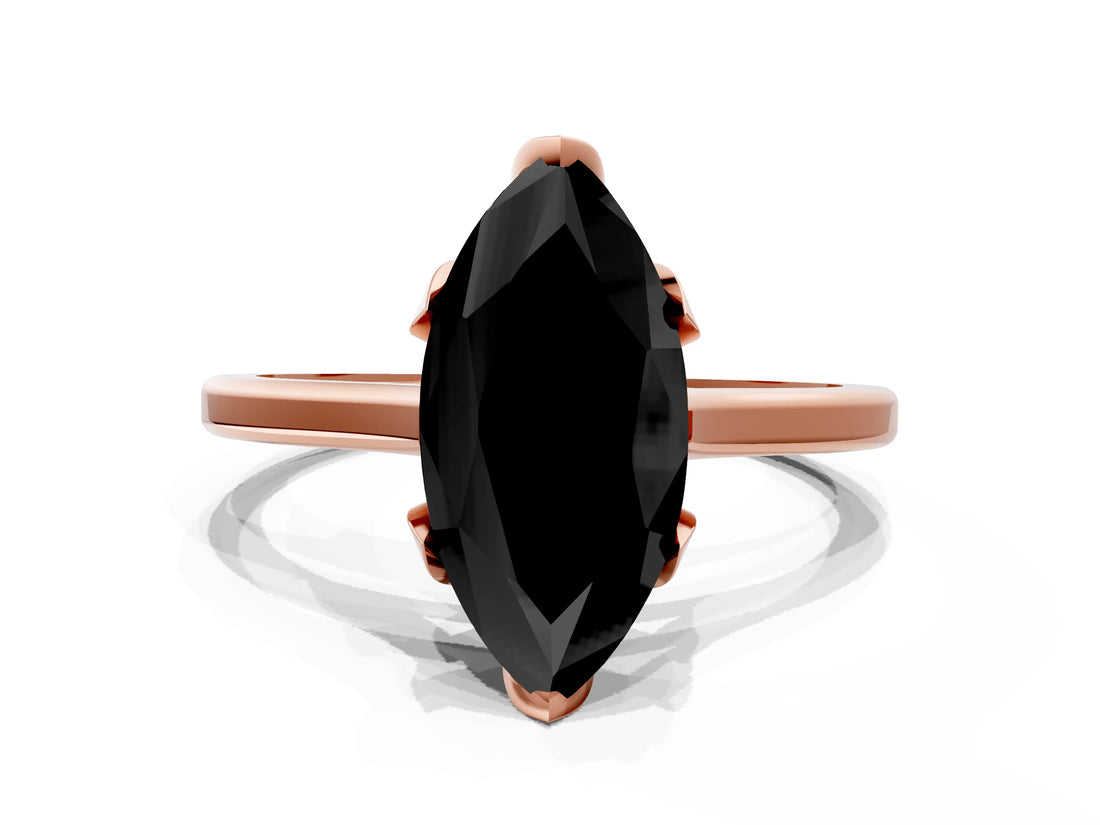 Rose gold Fancy Black Marquise Cut Diamond Solitaire Ring with Flower Prong Setting and Classic Band_36