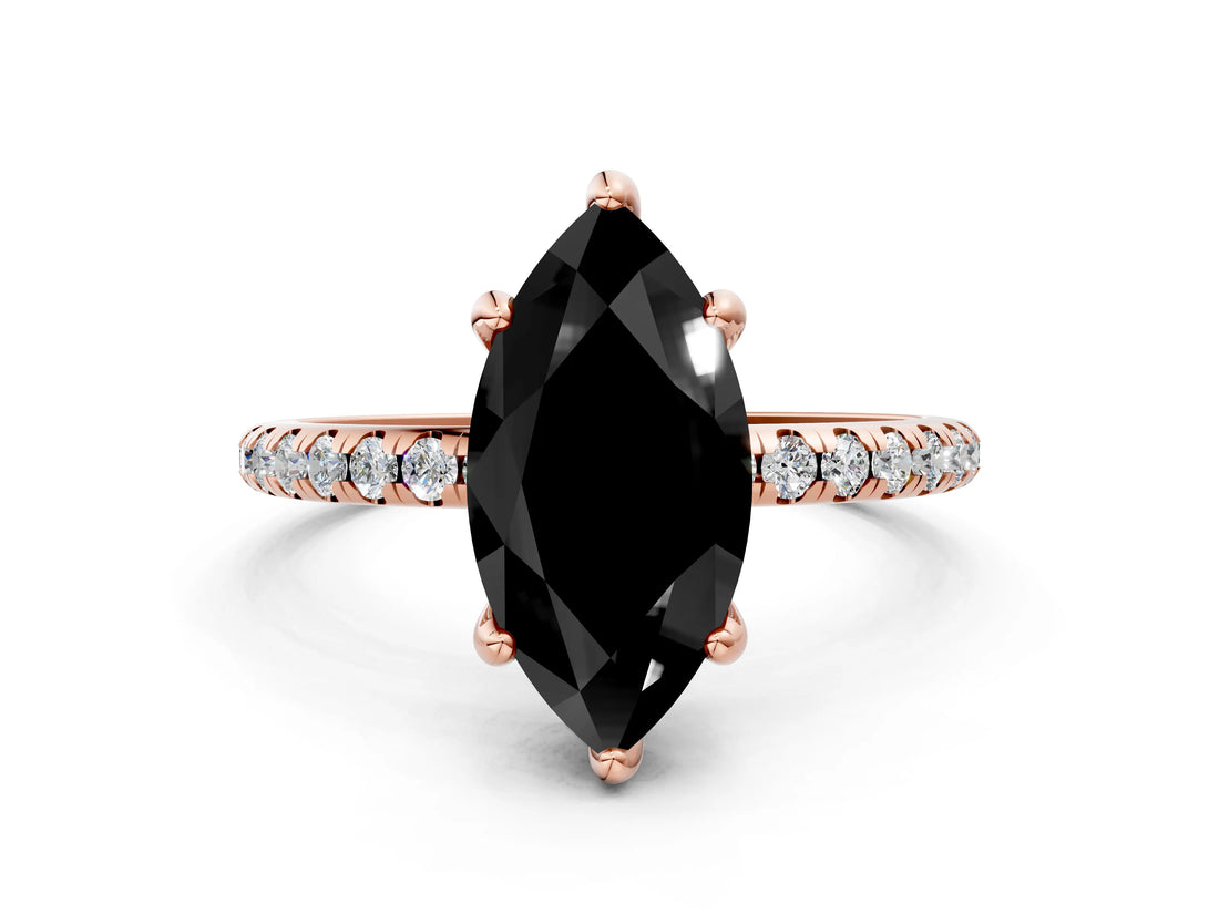 Rose gold Fancy Black Marquise Cut Diamond Solitaire Ring with Four-Prong Setting and Pavé Band_3
