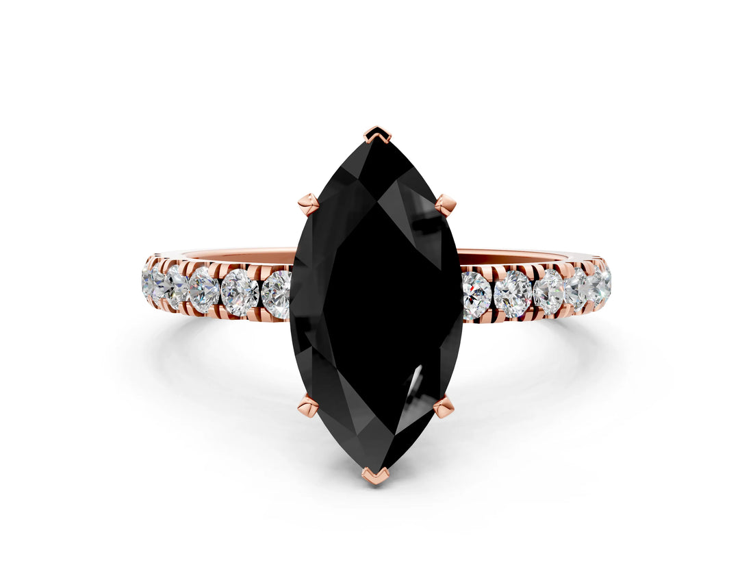 Rose gold Fancy Black Marquise Cut Diamond Solitaire Ring with Pavé Accents and Four-Prong Setting