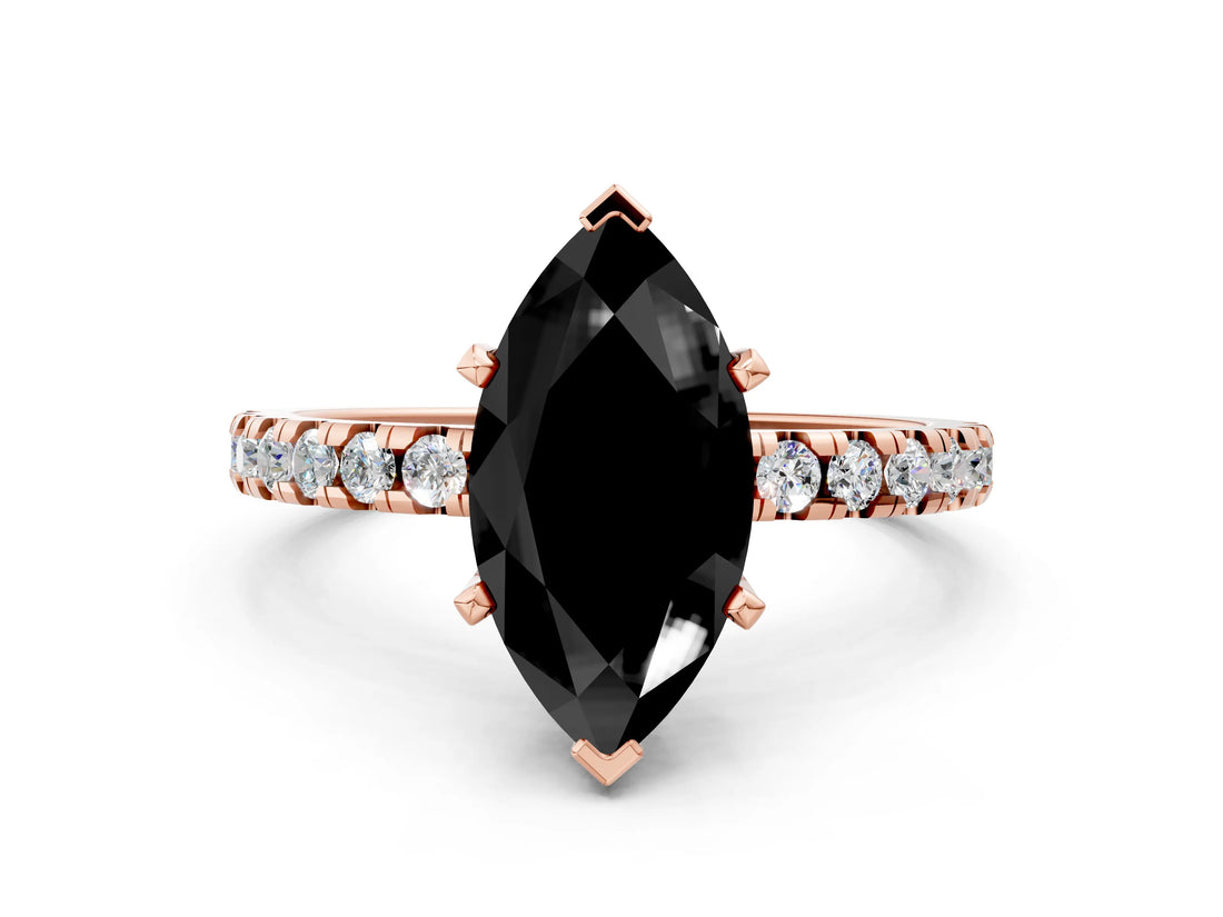 Rose gold Fancy Black Marquise Cut Diamond Solitaire Ring with Pavé Band and Four-Prong Setting_12