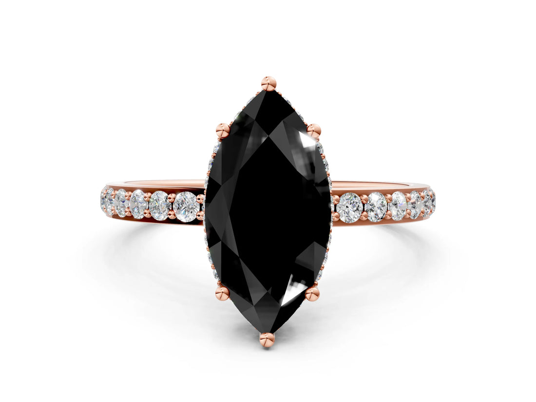 Rose gold Fancy Black Marquise Cut Diamond Solitaire Ring with Pavé Band and Hidden Halo_12