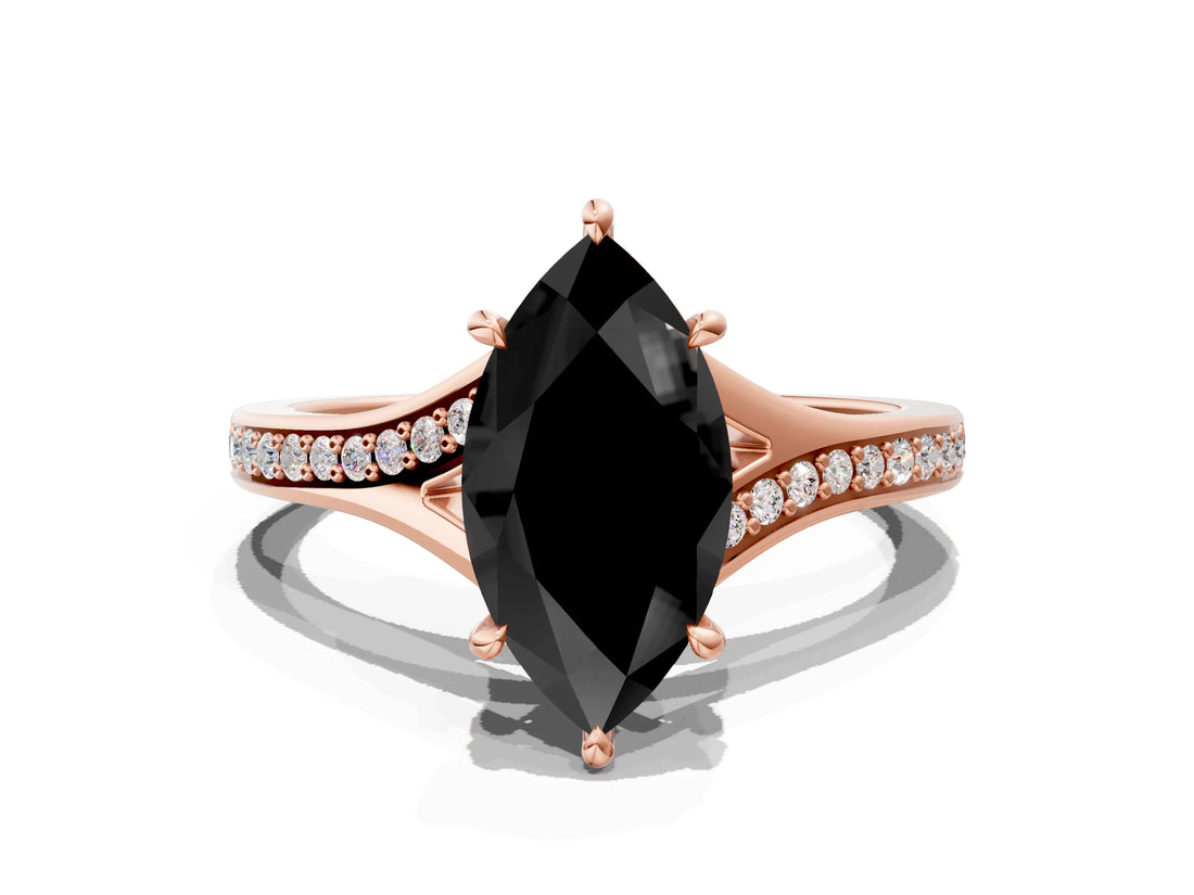 Rose gold Fancy Black Marquise Cut Diamond Solitaire Ring with Pavé Band and Prong Setting_12